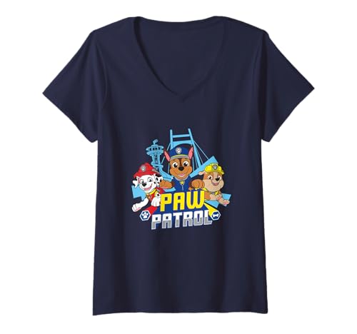 Damen Paw Patrol Marshall Chase Rubble Bridge Badge Design T-Shirt mit V-Ausschnitt Damen Paw Patrol Marshall Chase Rubble Bridge Badge Design T-Shirt mit V-Ausschnitt von Paw Patrol