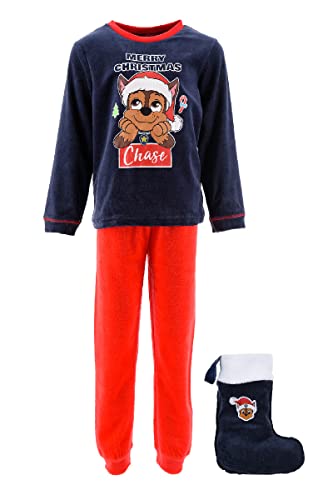 Paw Patrol Pyjama für Jungen, T-Shirt und Lange Hose, 2-Teiliges Set Blauer Fleece Pyjama Chase Design, Inklusive Weihnachtsstrumpf, Kinder Geschenk | 3 Jahre, Blau von Paw Patrol