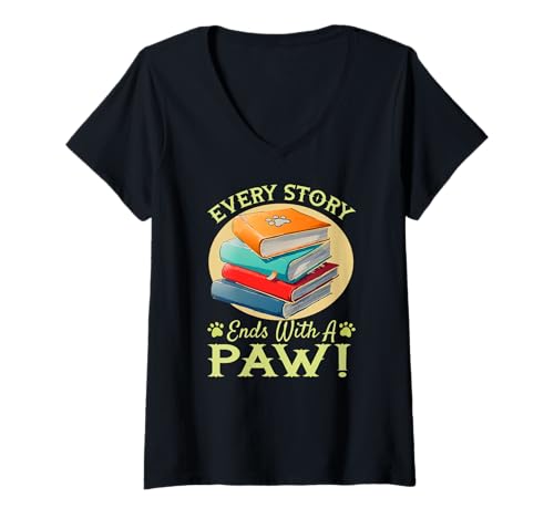Damen Every Story Ends with a paw T-Shirt mit V-Ausschnitt Damen Every Story Ends with a paw T-Shirt mit V-Ausschnitt von Paw Story Ends Matter Day Dog Bookmark Read Book