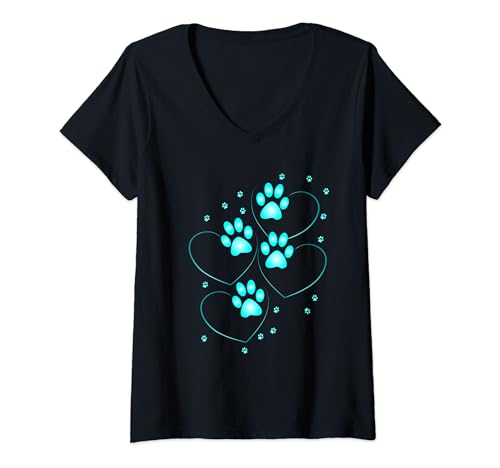 Damen Türkisfarbene Herzen mit Pfoten eines Hundes oder einer Katze T-Shirt mit V-Ausschnitt Damen Türkisfarbene Herzen mit Pfoten eines Hundes oder einer Katze T-Shirt mit V-Ausschnitt von Paw print with hearts dog cat