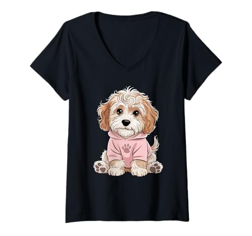 Damen Niedliches Cockapoo-Welpen-Design für Hundeliebhaber und Mädchen T-Shirt mit V-Ausschnitt von Paw-sitively Adorable Cockapoo Apparel for All