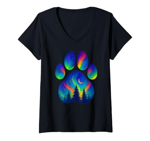Damen Paw Pine Tree Nordlichter Aurora Jungen Mädchen Kinder T-Shirt mit V-Ausschnitt von PawAxis1