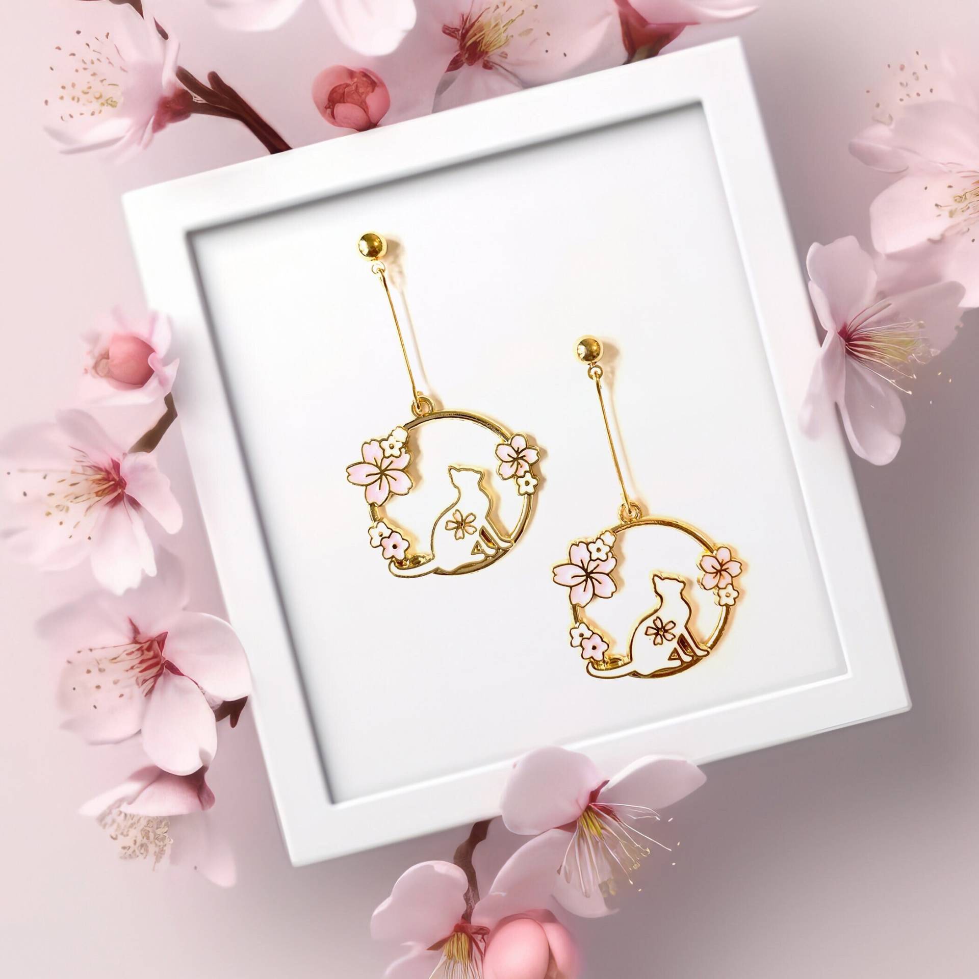 Sakura Kirschblüten Katze Ohrringe | Kitty Baumeln Süße Mädchenohrringe Rosa Blumen Katzenliebhaber Geschenk von PawKittyPaw