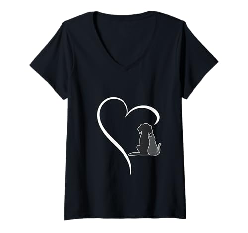 Damen Hunde- und Katzenherz-Haustierliebhaber T-Shirt mit V-Ausschnitt von PawLowe