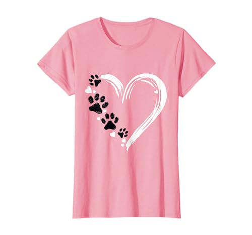 PawPrint Love Bekleidung Damen Unisex-Kinder Hundeliebhaber Design Herzförmiges T-Shirt Rosa X-Small Klassisch mit Pinselstrich-Herz und kleinen Herzen von PawPrint Love Bekleidung