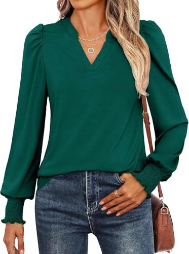 Pawate Damen Bluse Langarm Baumwolle Elegant Oberteile Herbst Langarmshirt V-Ausschnitt Puffärmel Shirts Casual Tunika Tops(Dunkelgrün/XL) von Pawate