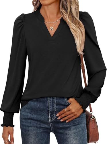 Pawate Damen Bluse Langarm Baumwolle Elegant Oberteile Herbst Langarmshirt V-Ausschnitt Puffärmel Shirts Casual Tunika Tops(Schwarz/XXL) von Pawate
