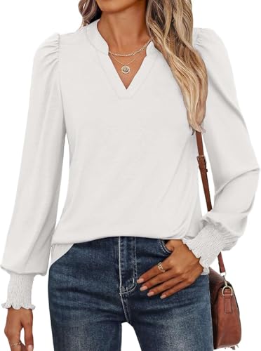 Pawate Damen Bluse Langarm Baumwolle Elegant Oberteile Herbst Langarmshirt V-Ausschnitt Puffärmel Shirts Casual Tunika Tops(Weiß/XXL) von Pawate