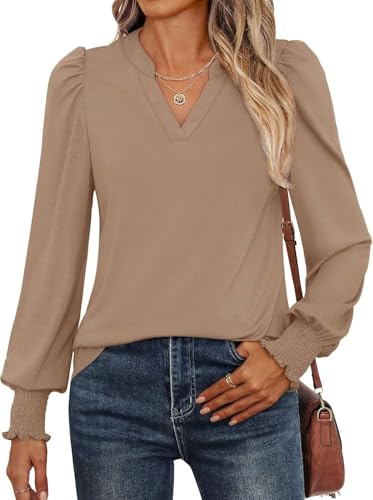 Pawate Damen Bluse Langarm Baumwolle Elegant Oberteile Herbst Langarmshirt V-Ausschnitt Puffärmel Shirts Casual Tunika Tops(braun/XXL) von Pawate