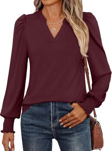 Pawate Damen Bluse Langarm Baumwolle Elegant Oberteile Herbst Langarmshirt V-Ausschnitt Puffärmel Shirts Casual Tunika Tops(weinrot/XXL) von Pawate