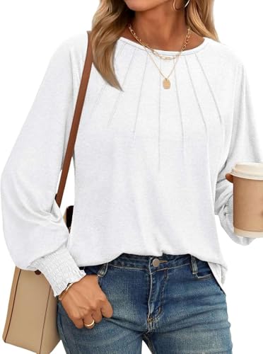 Pawate Damen Langärm Shirts Herbst Oberteil Elegant Dressy Casual Plisserte Basis Trendy Tops Tunika Winterkleidung(Weiß/XXL) von Pawate