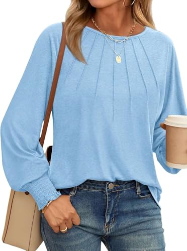 Pawate Damen Langärm Shirts Herbst Oberteil Elegant Dressy Casual Plisserte Basis Trendy Tops Tunika Winterkleidung(hellblau/XXL) von Pawate