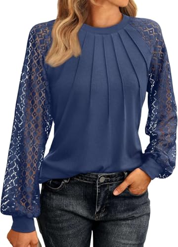 Pawate Damen Langärm Shirts Spitze Tops Business Bluse Casual Tunika Herbst Outfits Kleidung Y2k Blusen(Navyblau/M) von Pawate