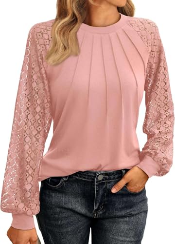 Pawate Damen Langärm Shirts Spitze Tops Business Bluse Casual Tunika Herbst Outfits Kleidung Y2k Blusen(rosa/M) von Pawate