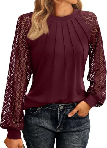 Pawate Damen Langärm Shirts Spitze Tops Business Bluse Casual Tunika Herbst Outfits Kleidung Y2k Blusen(weinrot/XL) von Pawate