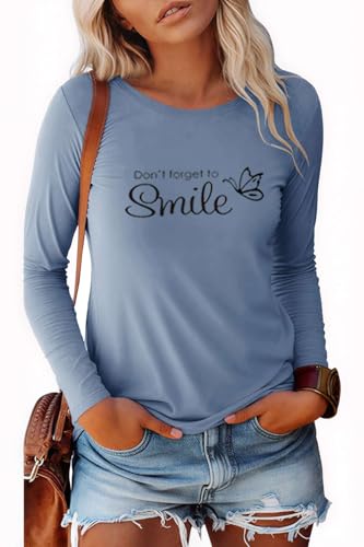 Pawate Damen Langarmshirt Baumwolle Bedruck Oberteile Langarm Shirts Herbst Basic Tops Tunika(blaugrau/L) von Pawate