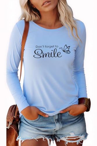 Pawate Damen Langarmshirt Baumwolle Bedruck Oberteile Langarm Shirts Herbst Basic Tops Tunika(hellblau/L) von Pawate