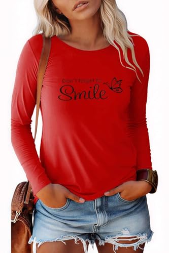Pawate Damen Langarmshirt Baumwolle Bedruck Oberteile Langarm Shirts Herbst Basic Tops Tunika(rot/M) von Pawate