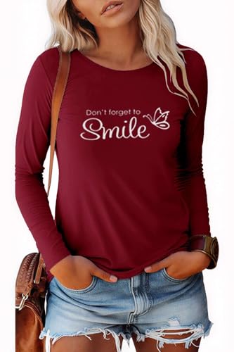 Pawate Damen Langarmshirt Baumwolle Bedruck Oberteile Langarm Shirts Herbst Basic Tops Tunika(weinrot/M) von Pawate