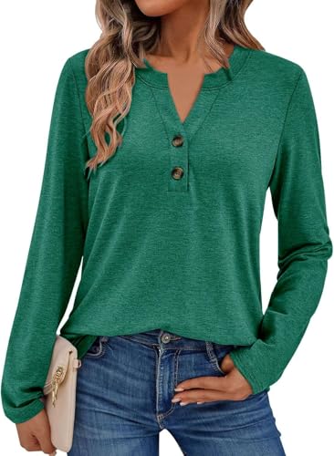 Pawate Damen Langarmshirt Elegant Oberteil V-Ausschnitt Blusen Business Tops Casual Baumwolle Shirts Herbst Tunika(Dunkelgrün/L) von Pawate