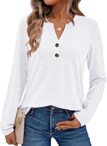 Pawate Damen Langarmshirt Elegant Oberteil V-Ausschnitt Blusen Business Tops Casual Baumwolle Shirts Herbst Tunika(Weiß/L) von Pawate