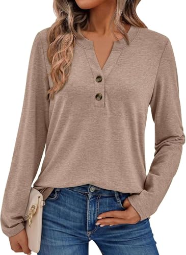 Pawate Damen Langarmshirt Elegant Oberteil V-Ausschnitt Blusen Business Tops Casual Baumwolle Shirts Herbst Tunika(braun/XXL) von Pawate