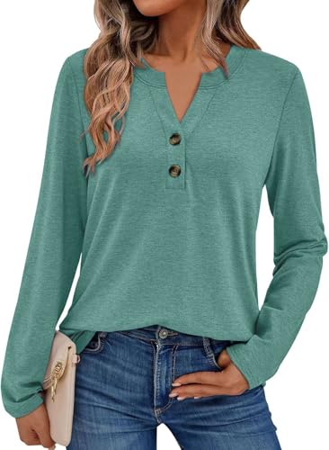 Pawate Damen Langarmshirt Elegant Oberteil V-Ausschnitt Blusen Business Tops Casual Baumwolle Shirts Herbst Tunika(graugrün/XXL) von Pawate