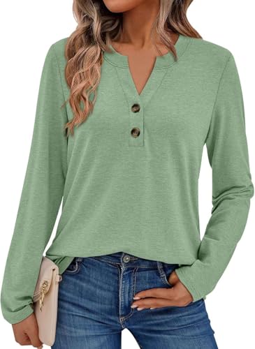 Pawate Damen Langarmshirt Elegant Oberteil V-Ausschnitt Blusen Business Tops Casual Baumwolle Shirts Herbst Tunika(hellgrün/S) von Pawate