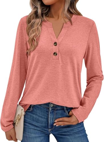 Pawate Damen Langarmshirt Elegant Oberteil V-Ausschnitt Blusen Business Tops Casual Baumwolle Shirts Herbst Tunika(rosa/L) von Pawate