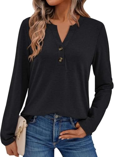 Pawate Damen Langarmshirt Elegant Oberteil V-Ausschnitt Blusen Business Tops Casual Baumwolle Shirts Herbst Tunika(schwarz/XXL) von Pawate