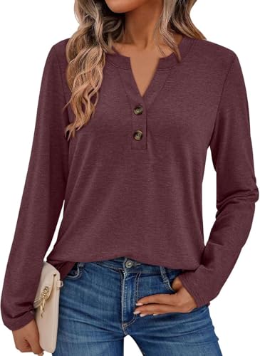 Pawate Damen Langarmshirt Elegant Oberteil V-Ausschnitt Blusen Business Tops Casual Baumwolle Shirts Herbst Tunika(weinrot/L) von Pawate