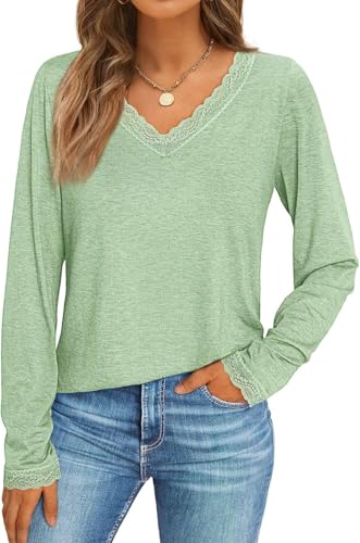 Pawate Damen Langarmshirt Spitze V-Ausschnitt Oberteile Langarm Shirts Herbst Basic Tops Tunika(Hellgrün/XL) von Pawate