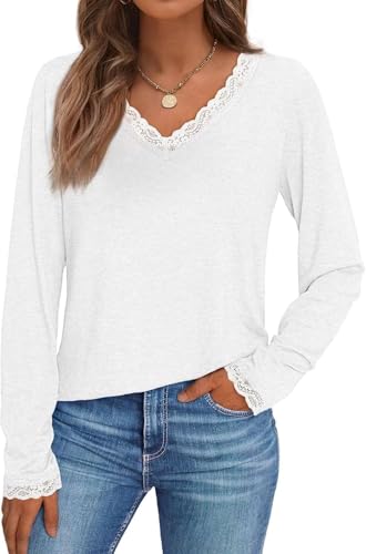 Pawate Damen Langarmshirt Spitze V-Ausschnitt Oberteile Langarm Shirts Herbst Basic Tops Tunika(Weiß/XXL) von Pawate