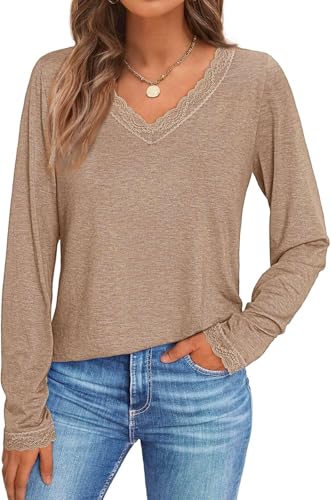 Pawate Damen Langarmshirt Spitze V-Ausschnitt Oberteile Langarm Shirts Herbst Basic Tops Tunika(braun/XL) von Pawate