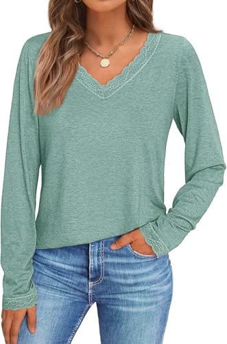 Pawate Damen Langarmshirt Spitze V-Ausschnitt Oberteile Langarm Shirts Herbst Basic Tops Tunika(graugrün/XXL) von Pawate
