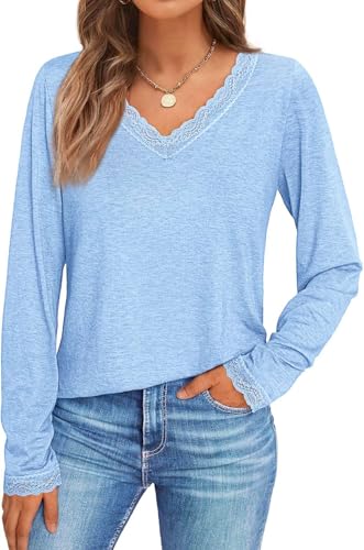 Pawate Damen Langarmshirt Spitze V-Ausschnitt Oberteile Langarm Shirts Herbst Basic Tops Tunika(hellblau/S) von Pawate