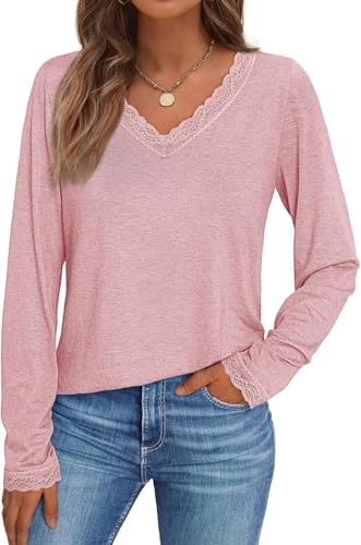 Pawate Damen Langarmshirt Spitze V-Ausschnitt Oberteile Langarm Shirts Herbst Basic Tops Tunika(rosa/L) von Pawate