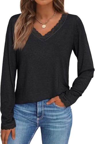 Pawate Damen Langarmshirt Spitze V-Ausschnitt Oberteile Langarm Shirts Herbst Basic Tops Tunika(schwarz/XXL) von Pawate