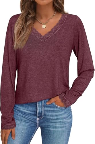 Pawate Damen Langarmshirt Spitze V-Ausschnitt Oberteile Langarm Shirts Herbst Basic Tops Tunika(weinrot/XL) von Pawate