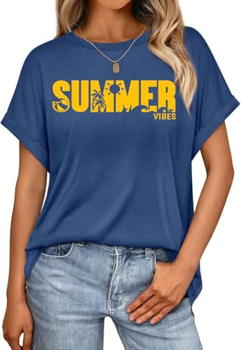 Pawate Damen Tshirt Kurzarm Oversize Bedruck Oberteile Sommer Shirts Casual Locker Tops Tunika(Dunkelblau/XXL) von Pawate