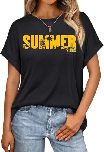 Pawate Damen Tshirt Kurzarm Oversize Bedruck Oberteile Sommer Shirts Casual Locker Tops Tunika(schwarz/M) von Pawate