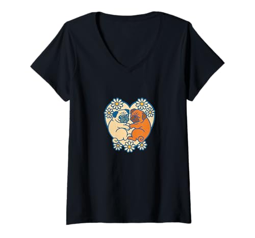 Damen Zwei Mops in Herzform, niedlicher Hund, Valentinsliebe T-Shirt mit V-Ausschnitt Damen Zwei Mops in Herzform, niedlicher Hund, Valentinsliebe T-Shirt mit V-Ausschnitt von Pawfect Heartbeat Creation