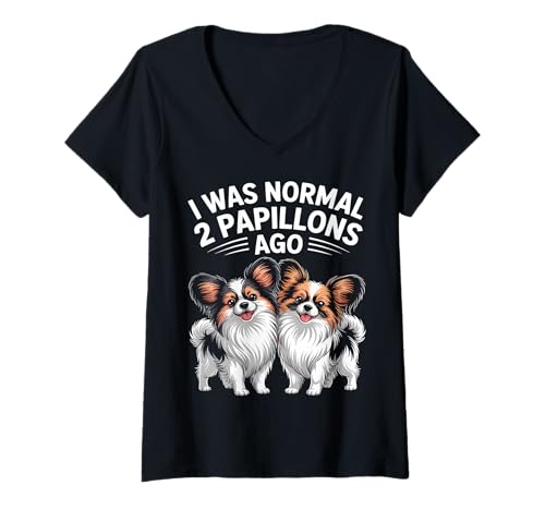 Damen Lustiger Papillon Ich war normal vor 2 Papillons T-Shirt mit V-Ausschnitt Damen Lustiger Papillon Ich war normal vor 2 Papillons T-Shirt mit V-Ausschnitt von Pawfect Papillon Apparel