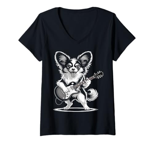 Damen Papillon Dog Lustige Gitarre Papillon T-Shirt mit V-Ausschnitt Damen Papillon Dog Lustige Gitarre Papillon T-Shirt mit V-Ausschnitt von Pawfect Rockstar Papillon Apparel