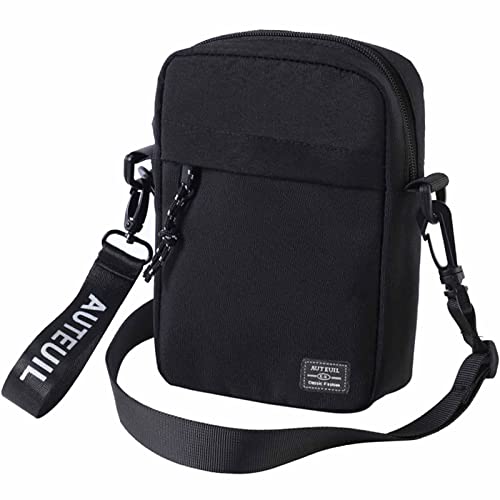 Pawleso Umhängetasche Herren, Schultertasche Klein Crossbody Bag 18 cm, 1.8 L, Schwarz Messenger Bag Nylon Kuriertasche Männer Tasche (Schwarz - mit Dekoratives Band) von Pawleso