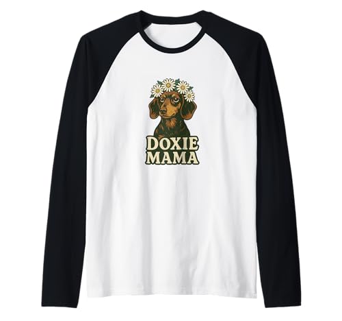 Doxie Mama Dackel mit Gänseblümchen Krone Niedliche Hundekunst Raglan von Pawprint Meadow Design