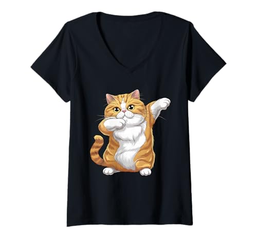 Damen Dabbing Cat Dance Humor Design für Katzenliebhaber T-Shirt mit V-Ausschnitt von Pawsitive Vibes Cat Apparel and More