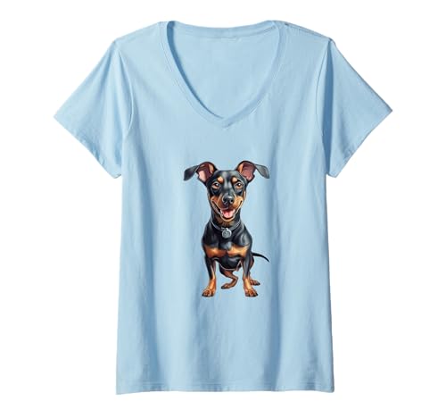 Damen Kunstdruck mit bezauberndem Dackel T-Shirt mit V-Ausschnitt von Pawsome Creations