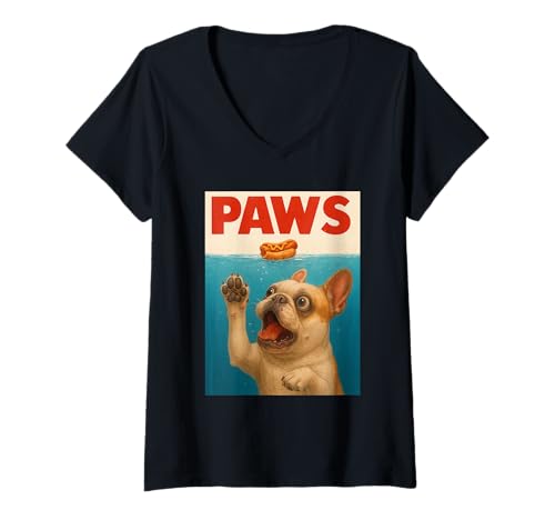 Damen Frenchie Paws Chasing Hotdog, witziges Design mit französischer Bulldogge T-Shirt mit V-Ausschnitt von Pawsome Pug Puns