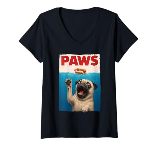 Damen Paws Mops Hot Dog Funny Underwater Mops Reaching for Hot Dog T-Shirt mit V-Ausschnitt von Pawsome Pug Puns